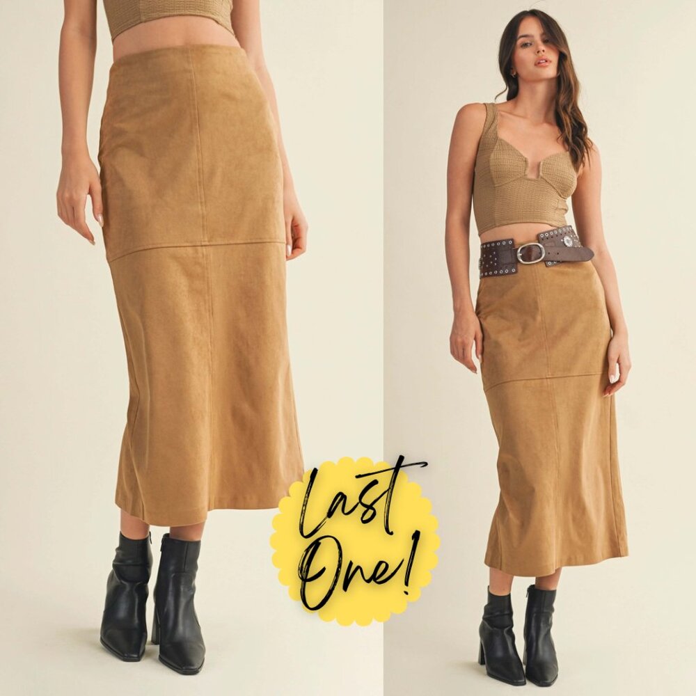Krista Back Slit Tan Suede Skirt | Women's Midi | Trendy Fall and Winter Fashion